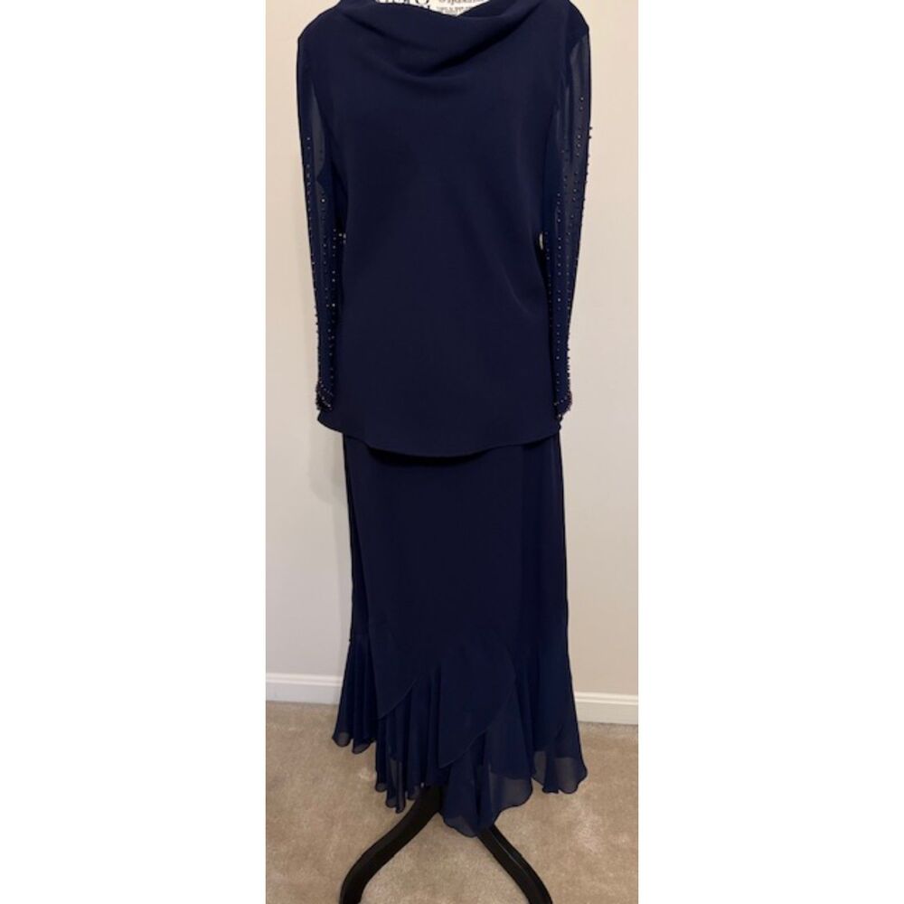 S L Fashions 2 piece dress - Navy with beaded sleeves - size 14
